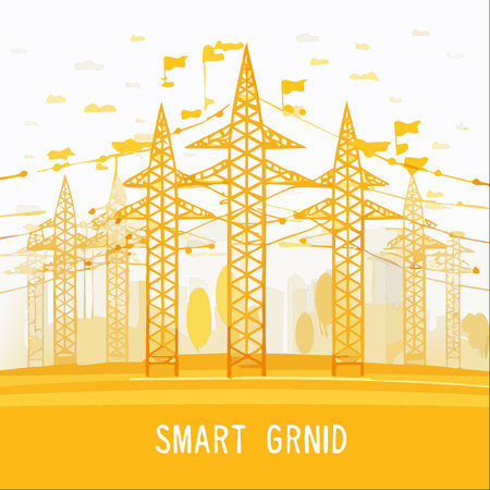 A stylized illustration depicts a network of golden electricity pylons stretching towards a modern city skyline.のイラスト素材