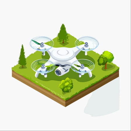 An isometric illustration of a modern quadcopter drone hovering over a lush green patch of land.のイラスト素材