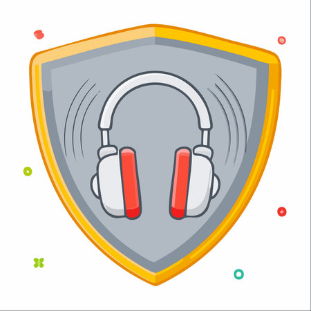 A modern vector illustration of headphones enclosed within a protective shield. This emblem symbolizes concepts like safe listening, hearing protection, audio security, and private digital media.のイラスト素材