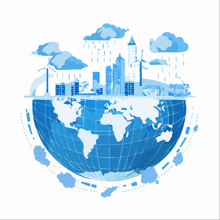 A conceptual illustration of a sustainable city powered by wind turbines, thriving on planet Earth.のイラスト素材