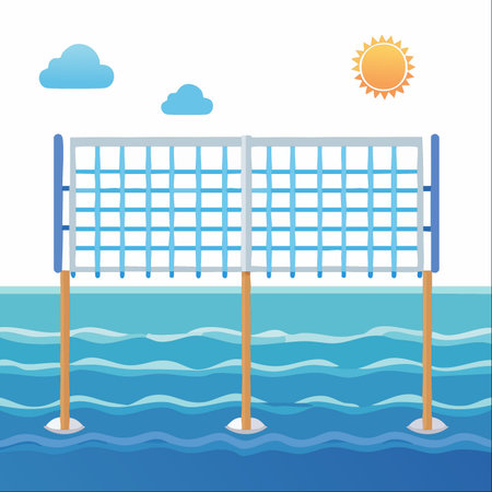 A vector illustration of a water volleyball net set up in the cool blue water on a bright, sunny day.のイラスト素材