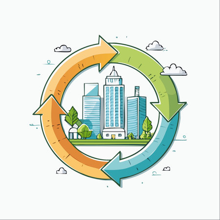 An illustrative icon representing the concept of a circular economy within an urban environment.のイラスト素材