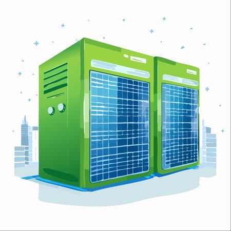 In a futuristic city, powerful data centers run on clean, renewable solar energy.のイラスト素材