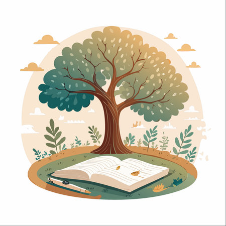An open book rests peacefully on the grass at the base of a magnificent tree, symbolizing the connection between nature and learning.のイラスト素材