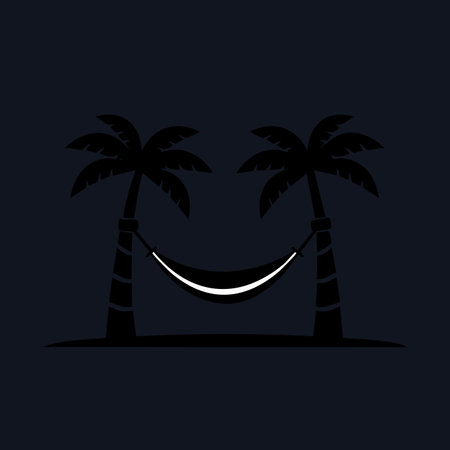 A simple yet evocative silhouette of a hammock gently swaying between two sturdy palm trees.のイラスト素材