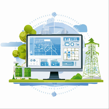 A central computer interface displays real-time data for a smart grid, showcasing the digital management of power distribution.のイラスト素材