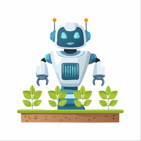 An advanced agricultural robot meticulously tends to a row of fresh green seedlings.のイラスト素材