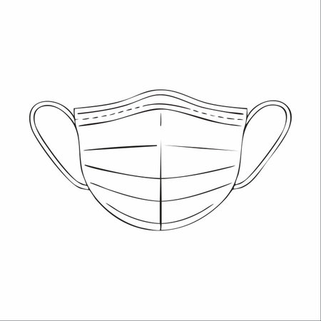 A simple and clean line art illustration of a disposable surgical face mask, isolated on a white background.のイラスト素材