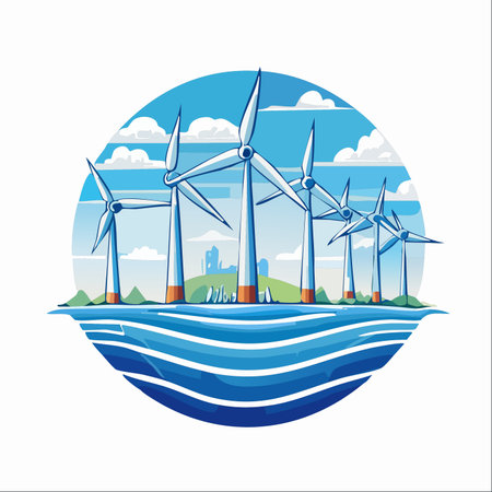 A stylized illustration showcasing a wind farm by the sea, generating clean, renewable energy.のイラスト素材
