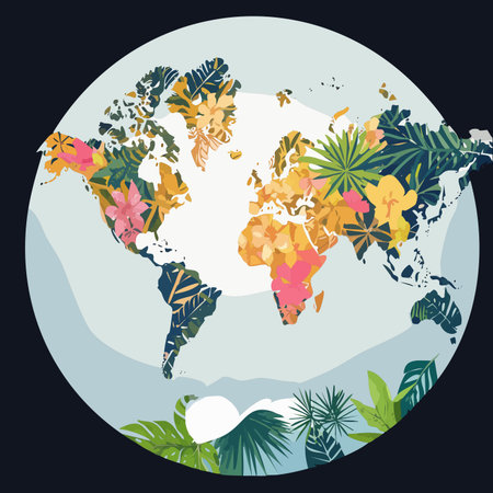 A beautiful and hopeful vision of our planet, where continents bloom with a vibrant tapestry of tropical flowers and lush leaves.のイラスト素材