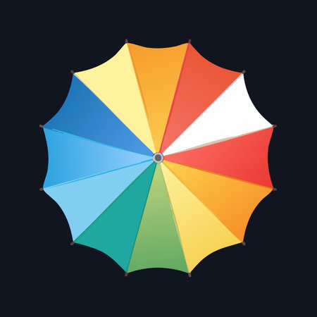 A vibrant, multi-colored umbrella seen from directly above. Its cheerful rainbow pattern offers a symbol of joy, protection, and diversity, perfect for summer, travel, or pride-related themes.のイラスト素材