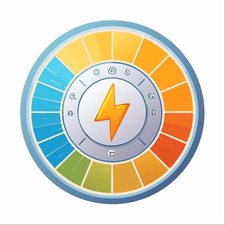 A vibrant circular power meter displays the current energy status, with a bold lightning bolt at its core symbolizing immense power and rapid charging.のイラスト素材