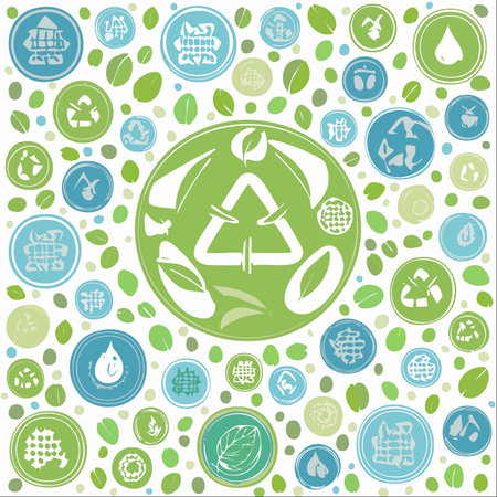 A vibrant and artistic collage of hand-drawn icons celebrating sustainability and environmental consciousness.のイラスト素材