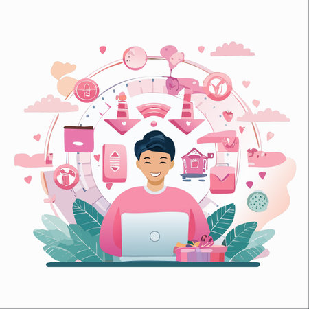 A happy young man uses his laptop to browse a variety of online services and products.のイラスト素材