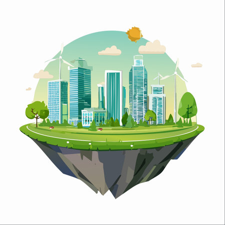 An imaginative illustration of a utopian future, where a modern, sustainable city rests on a floating island.のイラスト素材