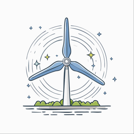 A charming cartoon illustration of a wind turbine spinning gracefully, generating clean, renewable energy.のイラスト素材