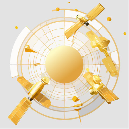 A fleet of golden satellites orbits a central digital core, representing a futuristic global communication network.のイラスト素材