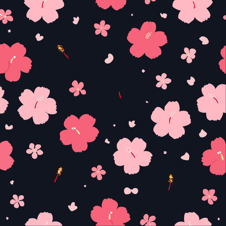 A delightful and seamless pattern of pink hibiscus and cherry blossoms gently scatters across a clean white background.のイラスト素材
