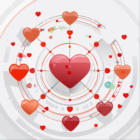 A central heart radiates connections to a network of smaller hearts, symbolizing the intersection of love, emotion, and modern technology.のイラスト素材