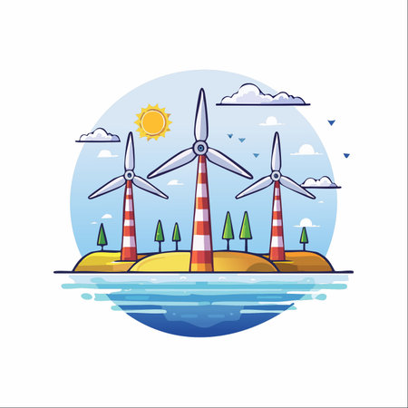 On a bright, sunny day, three modern wind turbines stand tall on a serene coastal island, harnessing the power of the wind.のイラスト素材