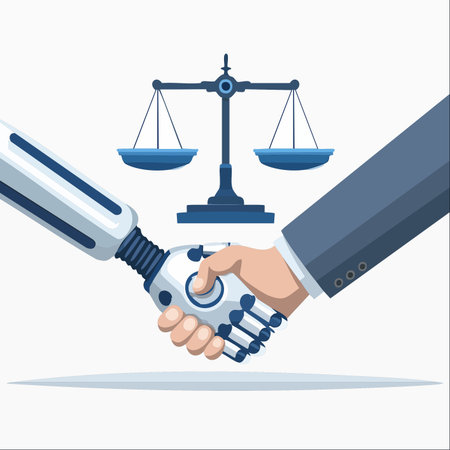 A symbolic handshake between a human lawyer and an advanced robot seals a landmark agreement.のイラスト素材