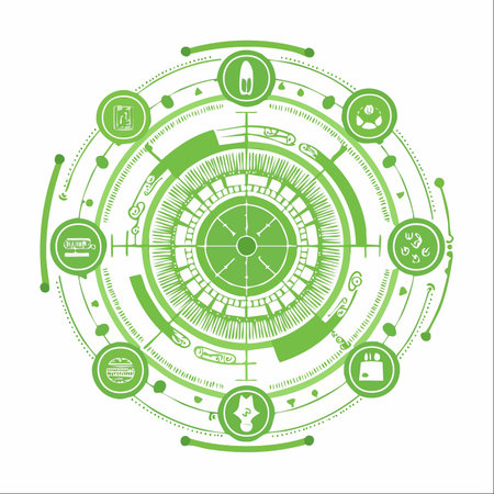 A detailed illustration of a futuristic heads-up display, showcasing a complex circular interface in vibrant green.のイラスト素材