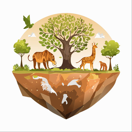 A conceptual illustration showing a vibrant ecosystem with a giraffe, a prehistoric tiger, and other animals thriving on a floating piece of earth.のイラスト素材