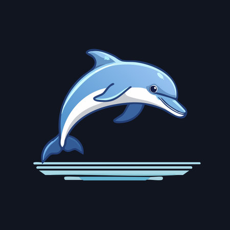 A cheerful blue dolphin leaps with joy from stylized waves, captured in a clean and friendly vector illustration.のイラスト素材