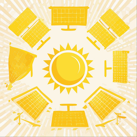 A vibrant illustration showcasing a central, stylized sun radiating energy towards a circle of various solar panels.のイラスト素材