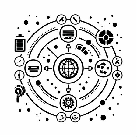 A black and white line art illustration depicting a complex, interconnected system.のイラスト素材