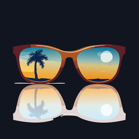 A pair of stylish sunglasses rests on a clean surface, their lenses capturing a perfect tropical...
