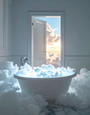 An open door reveals a breathtaking heavenly sky, inviting one to step from a surreal bathroom into a world of pure imagination. The bathtub, overflowing with soft clouds, offers a moment of ultimate relaxation and escape, a portal to tranquility and peaceful daydreams.の素材