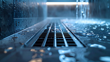 A steady stream of clean water cascades into a modern stainless steel floor drain, symbolizing purification, release, and the efficient flow of systems. The cool blue tones and splashing droplets create a refreshing and hygienic atmosphere.の素材