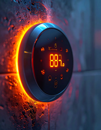 In a futuristic setting, a smart climate control system reaches a critical temperature, its digital display glowing an intense orange against a cool, industrial wall. This represents a moment of high energy, potential system overload, or a crucial warning, blending concepts of advanced technology and imminent danger.の素材