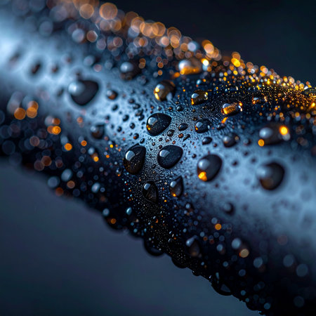 In a stunning macro view, tiny water droplets cling to a dark, cool metallic surface. Each bead acts as a miniature lens, capturing and reflecting a warm, golden light from an unseen source, creating a beautiful and mysterious contrast. This abstract scene evokes a sense of quiet elegance and intricate detail.の素材
