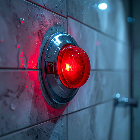 A bright red warning light glows intensely, its reflection bleeding across a wet, tiled wall. This activated signal suggests a critical system is online, an emergency is in progress, or a process has reached a crucial stage, creating a mood of suspense and technological urgency.の素材
