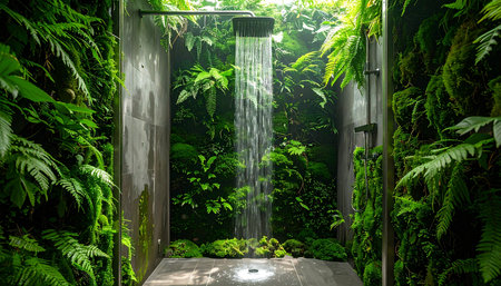 Step into a private sanctuary where nature and modern design merge. Water cascades in a tranquil shower surrounded by a vibrant living wall of lush ferns, creating a refreshing and rejuvenating escape from the everyday.の素材