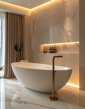 Step into a sanctuary of modern elegance. This luxurious bathroom, with its sleek freestanding tub and warm ambient lighting against marble walls, offers the perfect private retreat for relaxation and rejuvenation. A personal spa experience at home.の素材