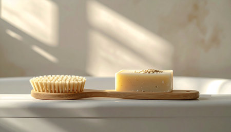 A bar of natural, handmade soap and a wooden body brush rest on a tray, bathed in the soft, warm glow of morning sunlight. This tranquil scene evokes a sense of calm, sustainable self-care and a gentle start to the day.の素材
