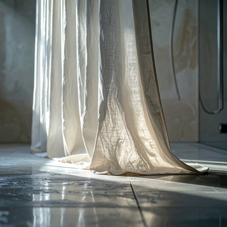 A gentle stream of sunlight illuminates a flowing white fabric curtain, its soft texture contrasting with the cool, polished concrete floor of a modern, industrial space. The scene evokes a sense of calm, quiet solitude, and simple elegance.の素材