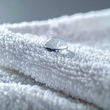 A single, perfect bead of water rests on the soft, absorbent fibers of a pristine white terry cloth towel. This macro photograph captures the delicate balance of surface tension and the concept of purity, cleanliness, and gentle care, ideal for spa, wellness, or textile-related themes.の素材