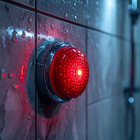 A bright red emergency signal glows intensely, its light reflecting off the water droplets covering a cool, metallic wall. The scene evokes a sense of urgency and high alert, perfect for illustrating concepts of danger, system warnings, or critical notifications in an industrial or futuristic setting.の素材