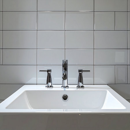 A close-up view of a pristine white ceramic sink set against a backdrop of clean, grid-patterned tiles. The sleek chrome faucet reflects the minimalist aesthetic, creating a sense of modern simplicity and impeccable hygiene perfect for interior design or real estate concepts.の素材