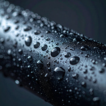 Tiny beads of pure water cling to a cool, dark metallic surface, each droplet a perfect sphere reflecting subtle light. This macro photograph captures the quiet drama of condensation, evoking themes of purity, modern technology, and the elegant physics of surface tension.の素材