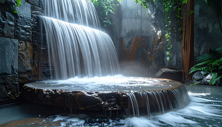 Sunlight filters through a lush canopy, illuminating a modern zen waterfall. Water cascades gently over tiered stones into a circular basin, creating a soothing sound that invites moments of quiet reflection and peaceful escape. This tranquil scene is a perfect representation of serenity, wellness, and natural harmony in a beautifully designed space.の素材