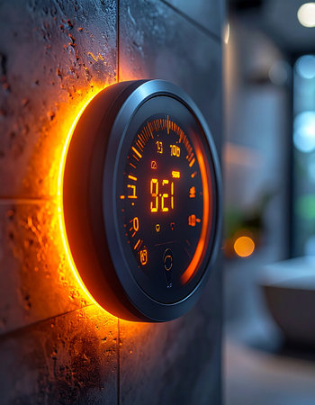 In a modern, automated home, a smart thermostat glows with a warm, ambient light, its digital display indicating the perfect temperature. This device represents the pinnacle of smart home technology, blending advanced climate control with sophisticated design for ultimate comfort.の素材