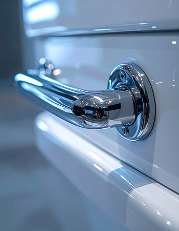 A close-up shot captures the elegant curve and polished shine of a retro chrome handle on a classic white refrigerator. The minimalist design evokes a sense of nostalgia and timeless style, highlighting quality craftsmanship and clean living.の素材