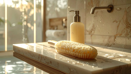 Golden morning sunlight streams into a tranquil bathroom, illuminating a natural bristle body brush and a bottle of liquid soap resting on a cool marble surface. This peaceful scene evokes a sense of a slow, mindful self-care ritual, a moment of quiet indulgence and personal wellness to start the day.の素材