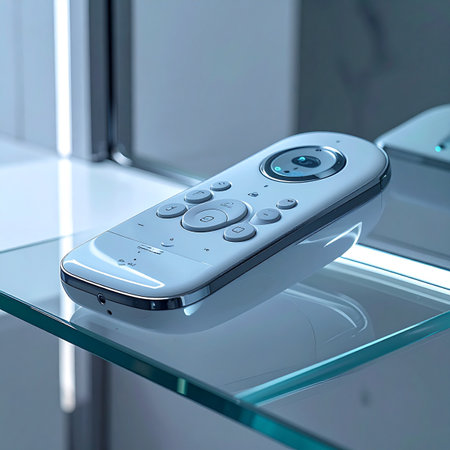 A sleek, white remote control rests on a transparent glass shelf, its minimalist design reflecting a modern, high-tech aesthetic. This single device represents the hub of a smart home, offering effortless control over entertainment and home automation with a simple touch.の素材