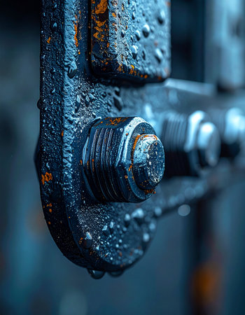 In the cool, blue light of dawn or dusk, water droplets cling to a heavy industrial bolt, a testament to enduring strength. This macro detail captures the gritty texture of weathered metal and rust, symbolizing the resilience and power of heavy machinery against the elements.の素材